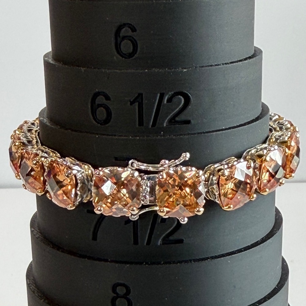 Champagne Peach Crystal Cushion Cut Tennis Bracelet Two Tone Statement 7 Inch